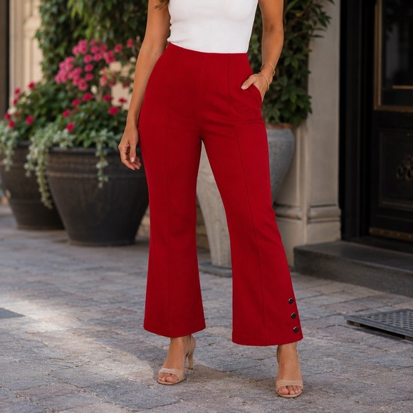 Ann Taylor Pants - Ann Taylor Red High Waisted Flare Crop Trousers with Ankle Buttons Pintuck Seams